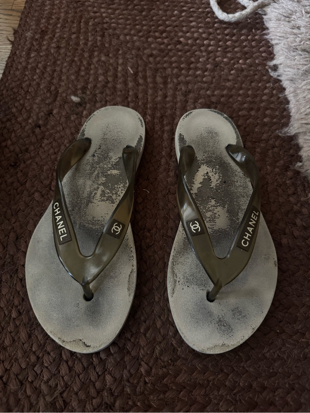 CHANEL Olive Green Logo Flip Flops